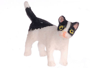 Dollhouse Miniature Kitten Turning Right, Black and White & White
